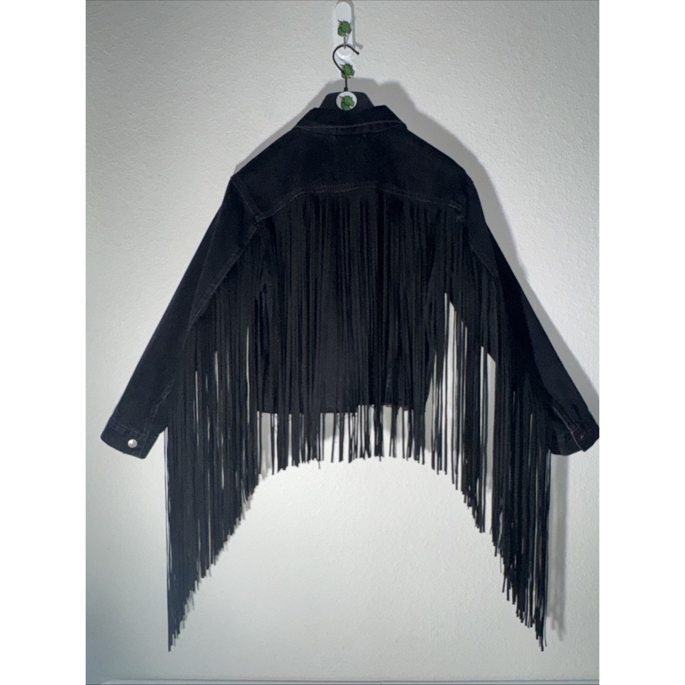 LEVIS Ex Boyfriend Western Fringe Black Denim Jean Trucker Jacket Small Festival